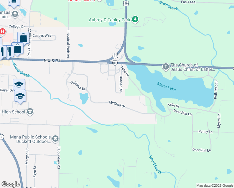 map of restaurants, bars, coffee shops, grocery stores, and more near 148 Bonner Circle in Mena