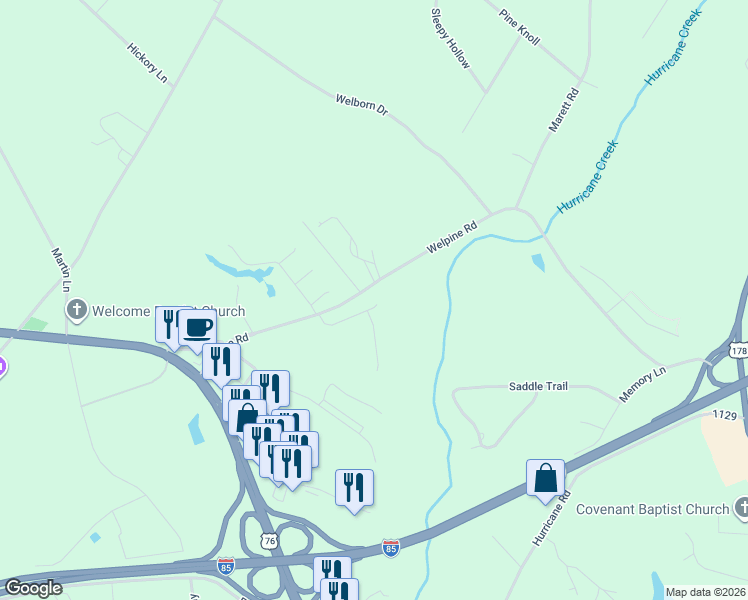 map of restaurants, bars, coffee shops, grocery stores, and more near 100 Welpine Ridge Road in Pendleton