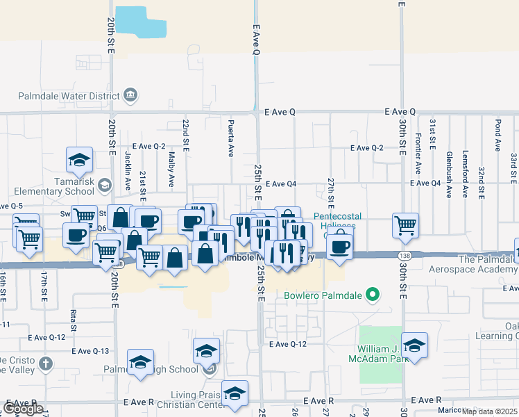 map of restaurants, bars, coffee shops, grocery stores, and more near 38526 25th Street East in Palmdale
