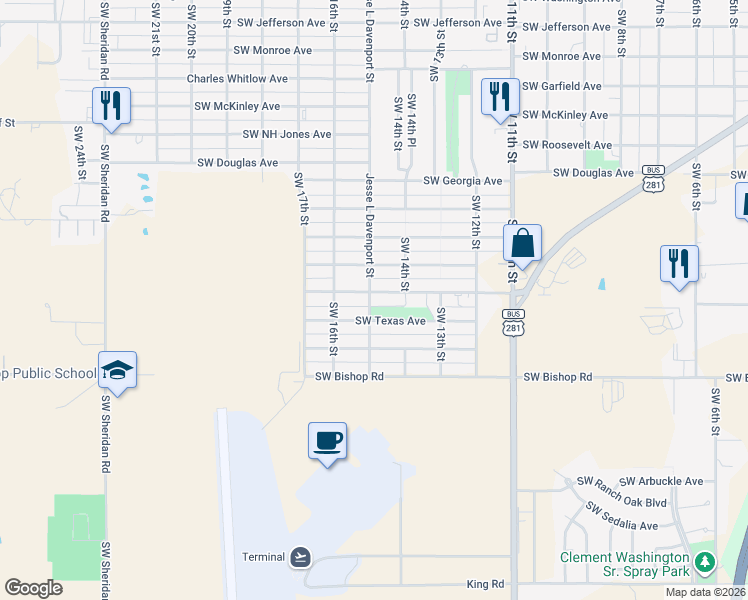 map of restaurants, bars, coffee shops, grocery stores, and more near 2502 Jesse L Davenport Street in Lawton