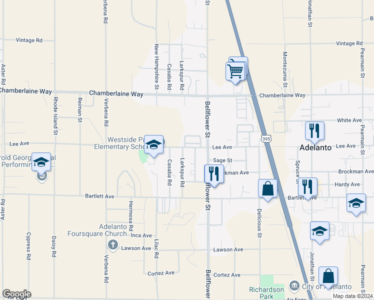 map of restaurants, bars, coffee shops, grocery stores, and more near 11207 Lee Avenue in Adelanto