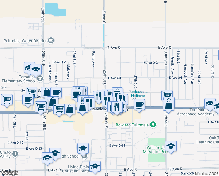 map of restaurants, bars, coffee shops, grocery stores, and more near 38526 25th Street East in Palmdale