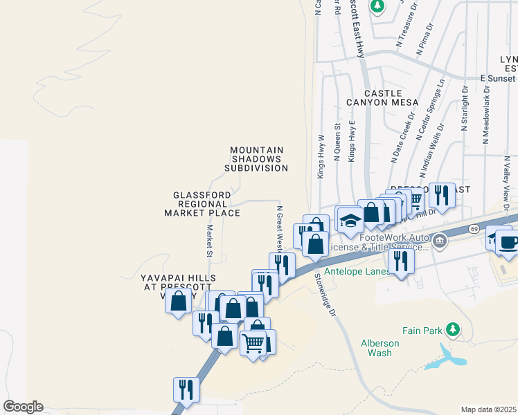 map of restaurants, bars, coffee shops, grocery stores, and more near 5700 Market Street in Prescott Valley