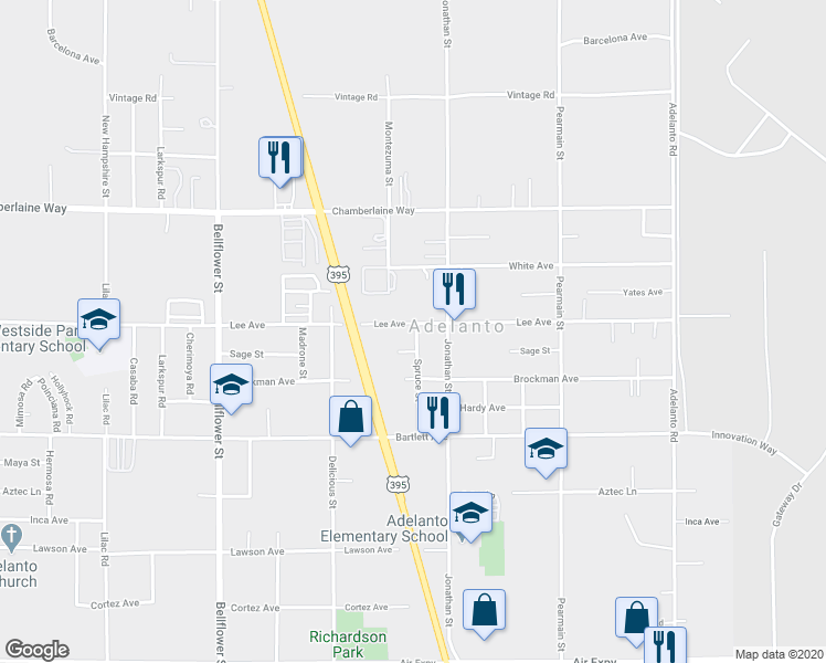 map of restaurants, bars, coffee shops, grocery stores, and more near 11621 Lee Avenue in Adelanto