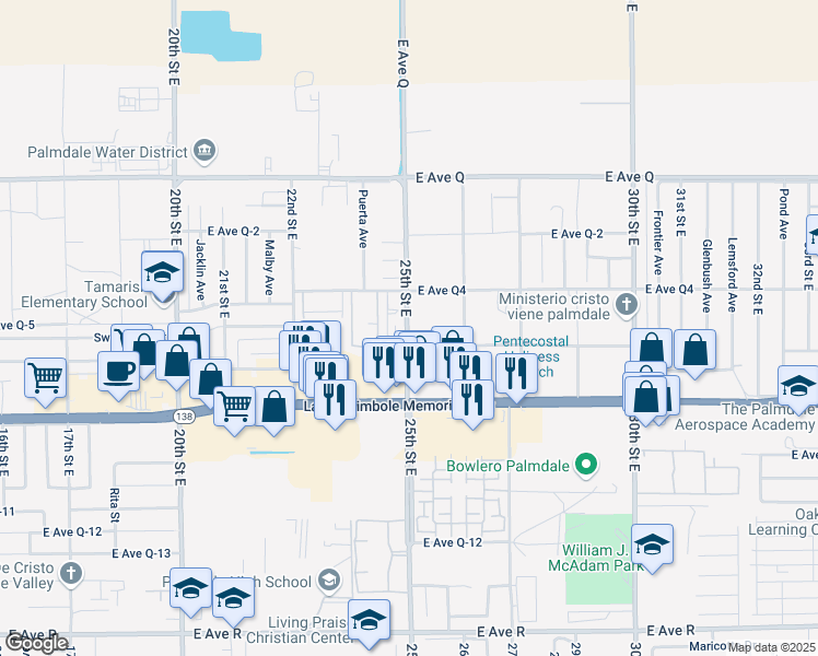 map of restaurants, bars, coffee shops, grocery stores, and more near 38526 25th Street East in Palmdale