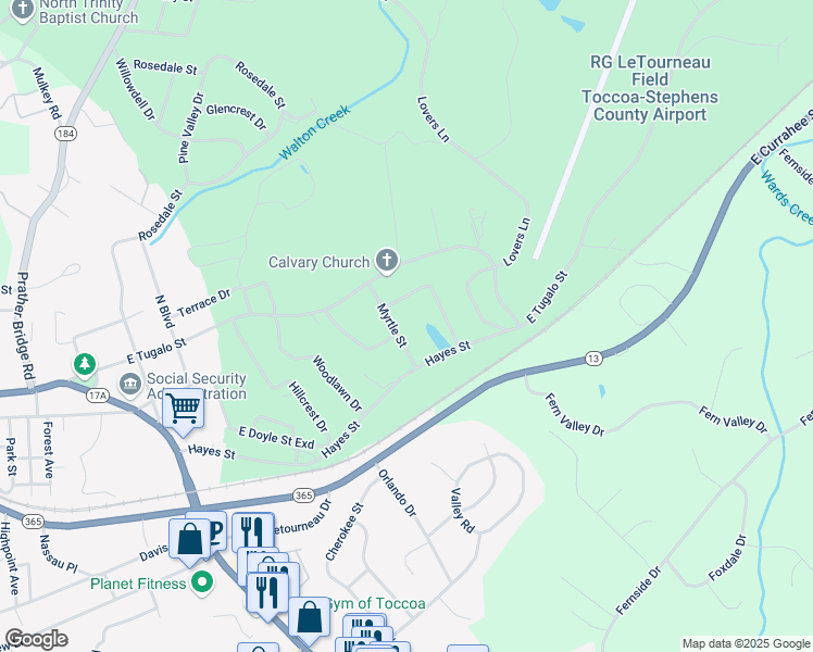 map of restaurants, bars, coffee shops, grocery stores, and more near 155 Myrtle Street in Toccoa