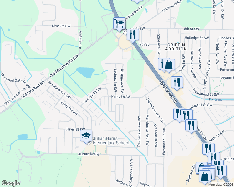 map of restaurants, bars, coffee shops, grocery stores, and more near 1716 Saginaw Lane Southwest in Decatur