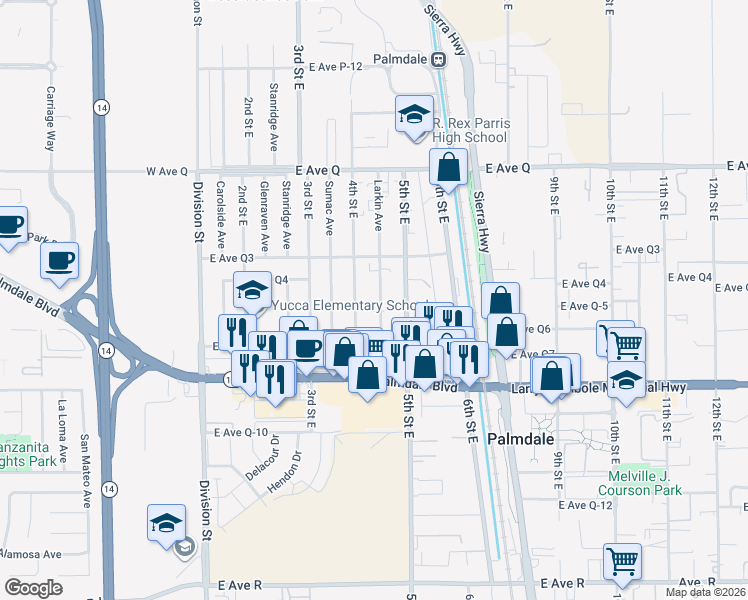 map of restaurants, bars, coffee shops, grocery stores, and more near 38515 Larkin Avenue in Palmdale