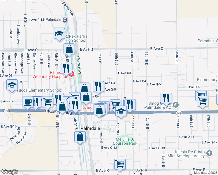 map of restaurants, bars, coffee shops, grocery stores, and more near 937 East Avenue Q-5 in Palmdale