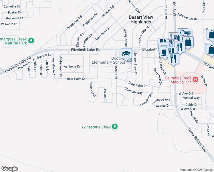 map of restaurants, bars, coffee shops, grocery stores, and more near 38564 Pallas Court in Palmdale