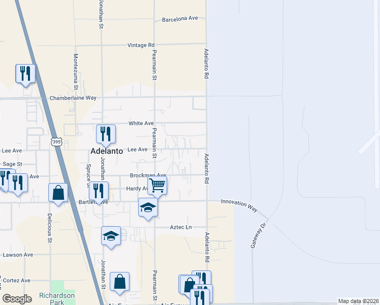 map of restaurants, bars, coffee shops, grocery stores, and more near 12037 Lee Avenue in Adelanto