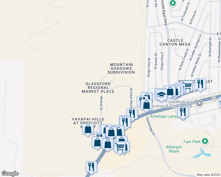 map of restaurants, bars, coffee shops, grocery stores, and more near 3100 North Malapai Drive in Prescott Valley