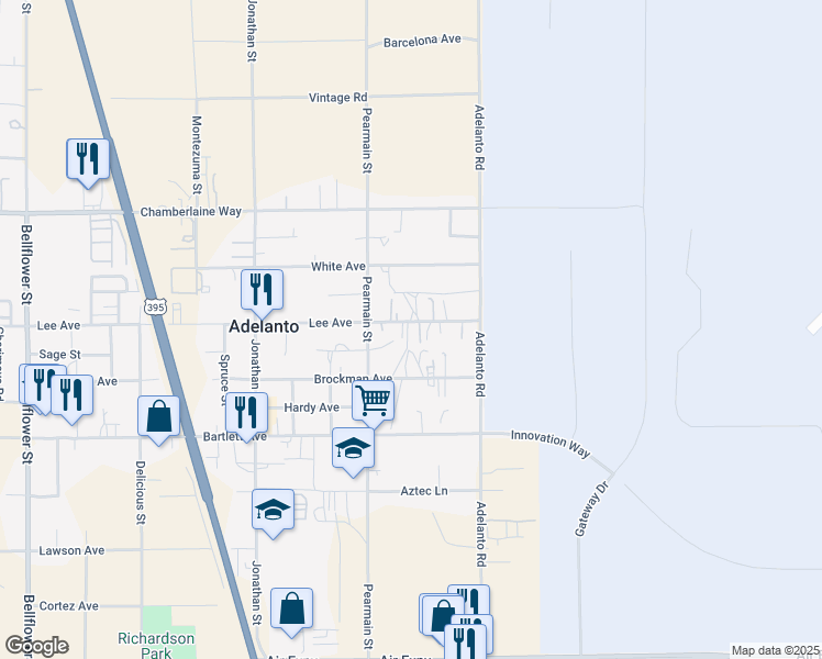 map of restaurants, bars, coffee shops, grocery stores, and more near 11957 Lee Avenue in Adelanto