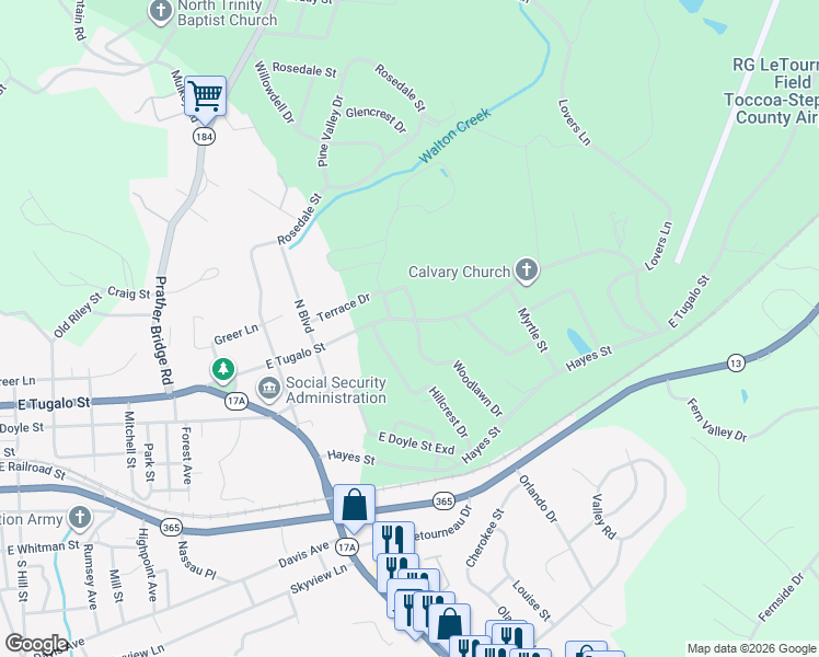 map of restaurants, bars, coffee shops, grocery stores, and more near 22 Woodlawn Drive in Toccoa