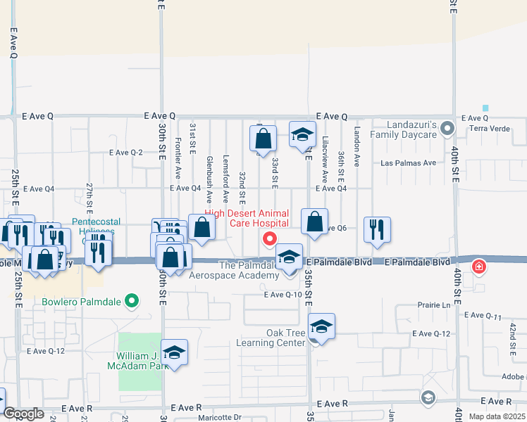 map of restaurants, bars, coffee shops, grocery stores, and more near 38514 Pond Avenue in Palmdale