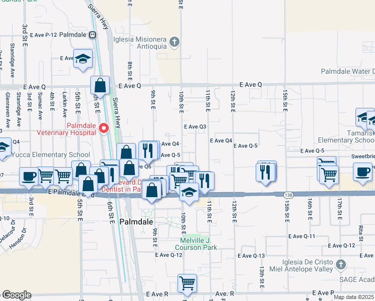 map of restaurants, bars, coffee shops, grocery stores, and more near 1012 East Avenue Q5 in Palmdale