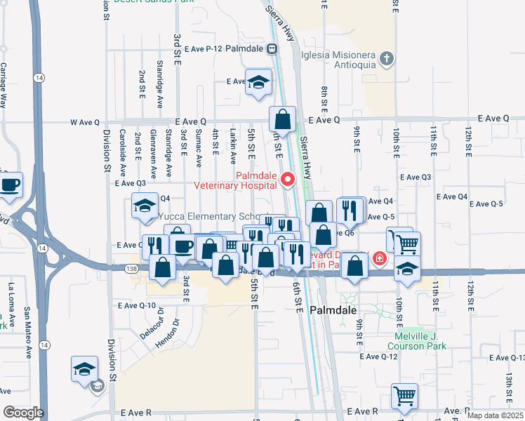 map of restaurants, bars, coffee shops, grocery stores, and more near 504 East Avenue Q-5 in Palmdale