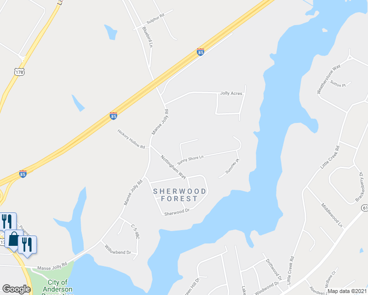 map of restaurants, bars, coffee shops, grocery stores, and more near 802 Pebble Lane in Anderson
