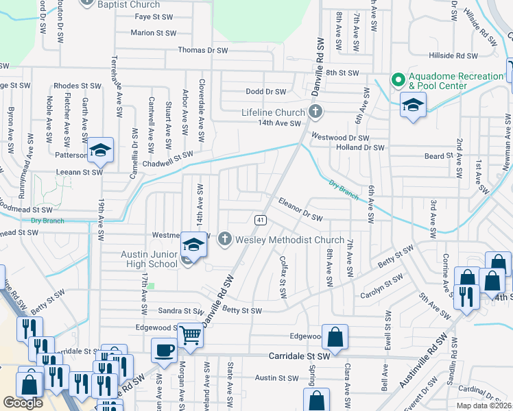 map of restaurants, bars, coffee shops, grocery stores, and more near 1204 Evelee Street Southwest in Decatur