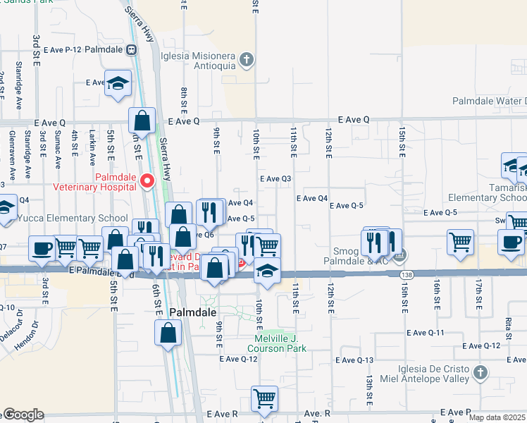 map of restaurants, bars, coffee shops, grocery stores, and more near 1012 East Avenue Q5 in Palmdale