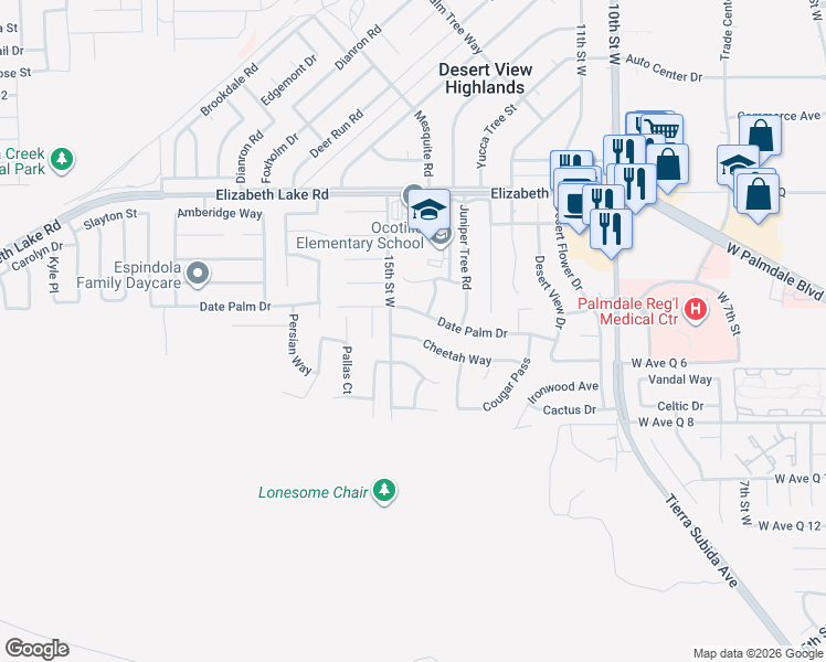 map of restaurants, bars, coffee shops, grocery stores, and more near 1345 Cheetah Way in Palmdale