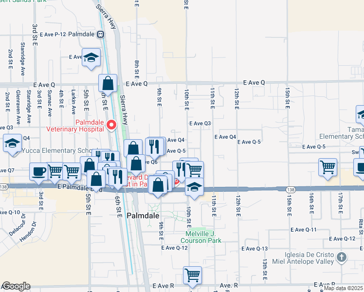 map of restaurants, bars, coffee shops, grocery stores, and more near 937 East Avenue Q5 in Palmdale