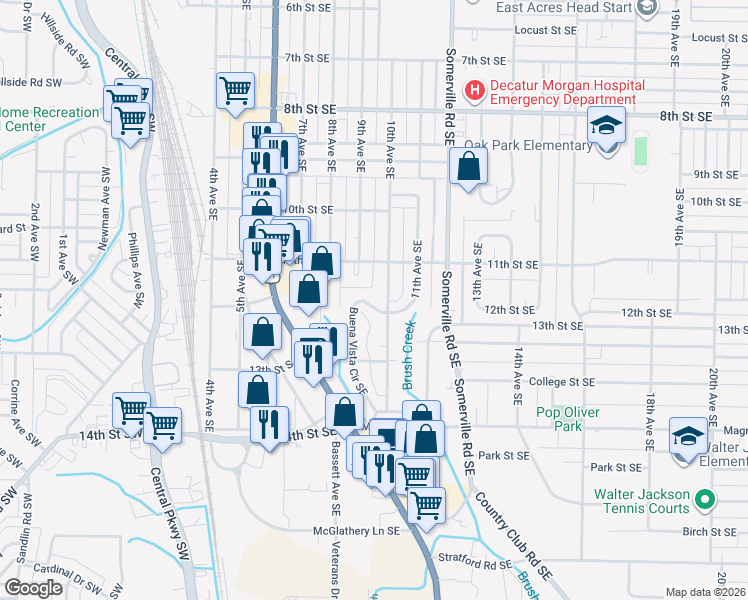 map of restaurants, bars, coffee shops, grocery stores, and more near 1501 Buena Vista Circle Southeast in Decatur