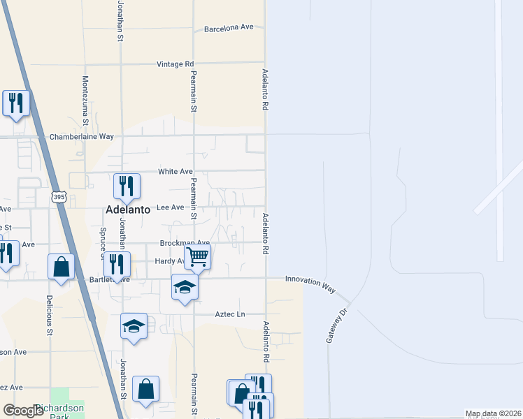 map of restaurants, bars, coffee shops, grocery stores, and more near 12093 Lee Avenue in Adelanto