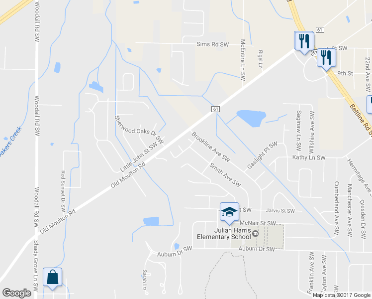 map of restaurants, bars, coffee shops, grocery stores, and more near 2708 Columns Way Southwest in Decatur