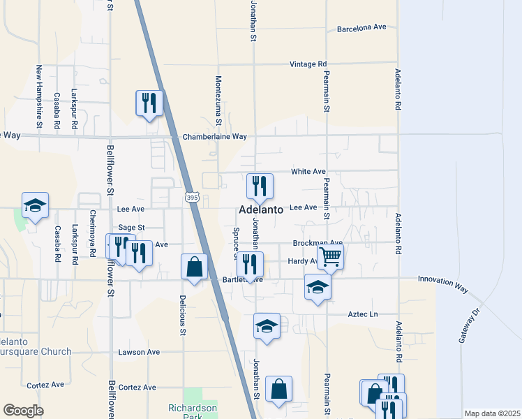 map of restaurants, bars, coffee shops, grocery stores, and more near 14780 Hamilton Court in Adelanto