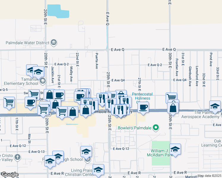 map of restaurants, bars, coffee shops, grocery stores, and more near 38530 25th Street East in Palmdale