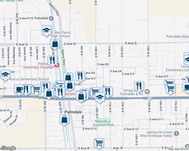 map of restaurants, bars, coffee shops, grocery stores, and more near 937 East Avenue Q5 in Palmdale