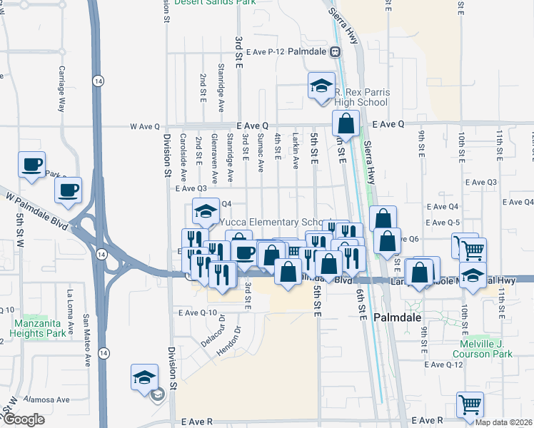 map of restaurants, bars, coffee shops, grocery stores, and more near 38508 Sumac Avenue in Palmdale
