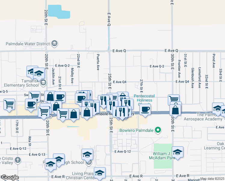 map of restaurants, bars, coffee shops, grocery stores, and more near 38530 25th Street East in Palmdale