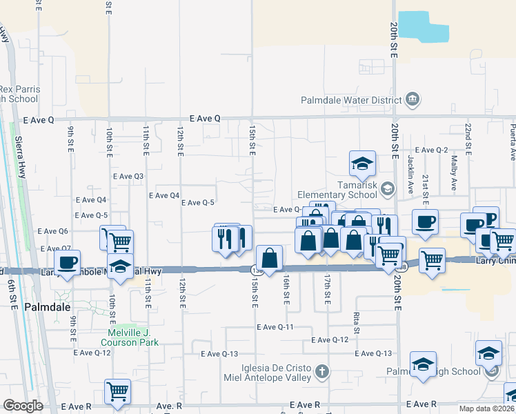 map of restaurants, bars, coffee shops, grocery stores, and more near East Avenue Q5 in Los Angeles County