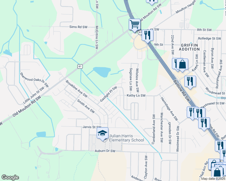 map of restaurants, bars, coffee shops, grocery stores, and more near 2415 Gaslight Place Southwest in Decatur