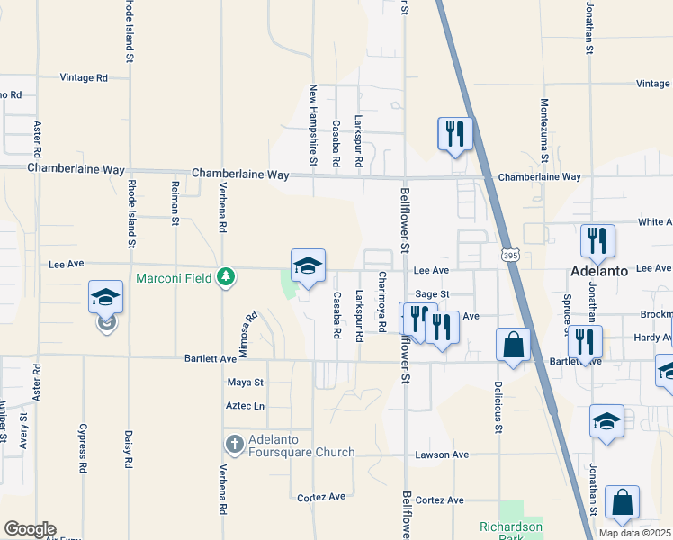 map of restaurants, bars, coffee shops, grocery stores, and more near Casaba Road in Adelanto