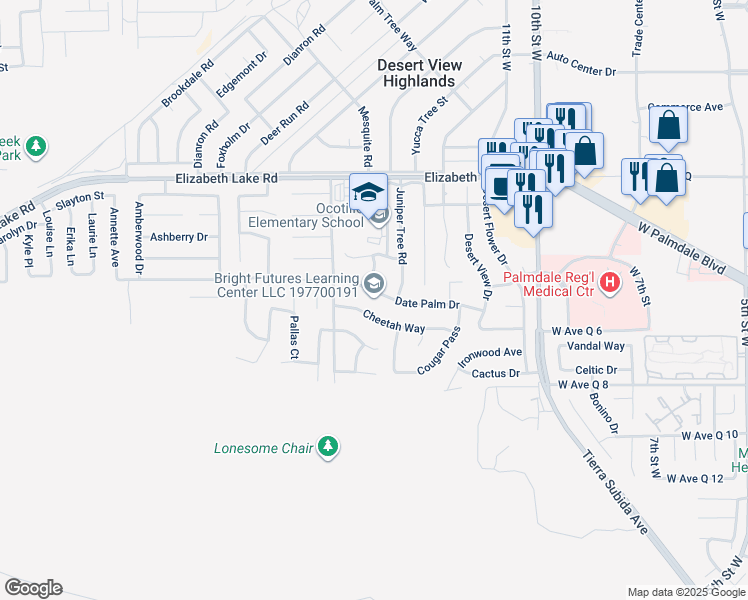 map of restaurants, bars, coffee shops, grocery stores, and more near 1320 Date Palm Drive in Palmdale