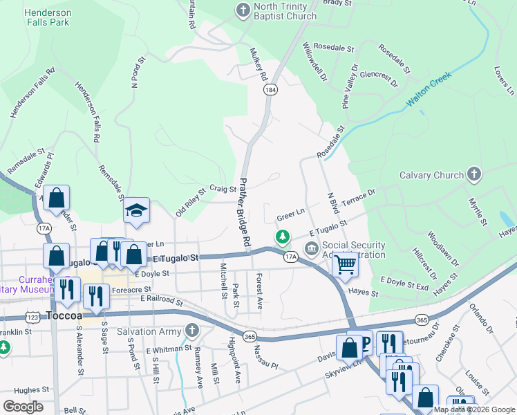 map of restaurants, bars, coffee shops, grocery stores, and more near 99 Cane Brake Circle in Toccoa