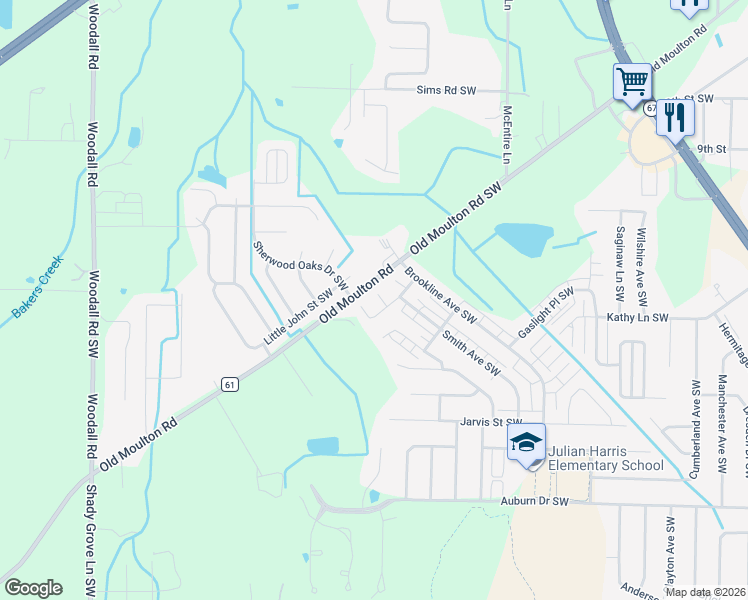 map of restaurants, bars, coffee shops, grocery stores, and more near 1209 Palisade Court Southwest in Decatur