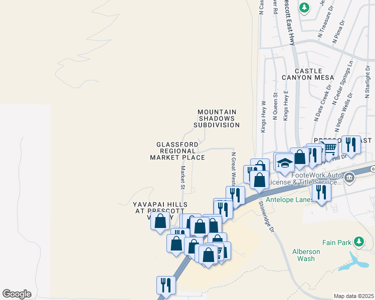 map of restaurants, bars, coffee shops, grocery stores, and more near 18 North Malapai Drive in Prescott Valley