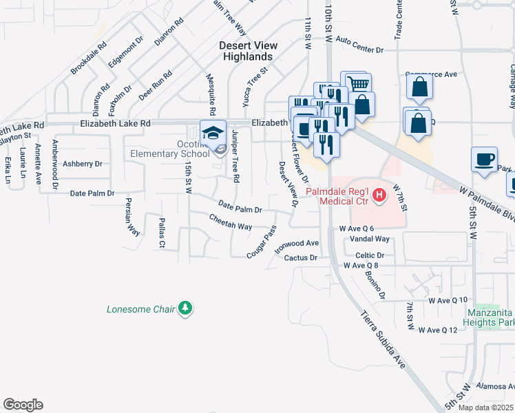 map of restaurants, bars, coffee shops, grocery stores, and more near 1212 Date Palm Drive in Palmdale