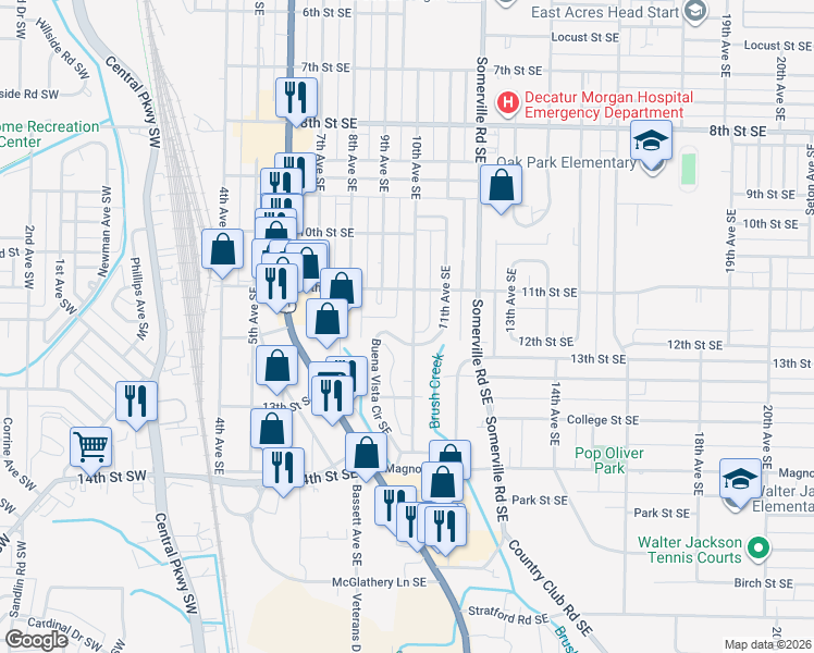 map of restaurants, bars, coffee shops, grocery stores, and more near 1501 Buena Vista Circle Southeast in Decatur