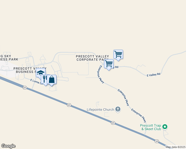 map of restaurants, bars, coffee shops, grocery stores, and more near 2850 Enterprise Parkway in Prescott Valley