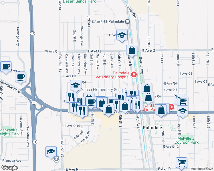 map of restaurants, bars, coffee shops, grocery stores, and more near 38515 Larkin Avenue in Palmdale