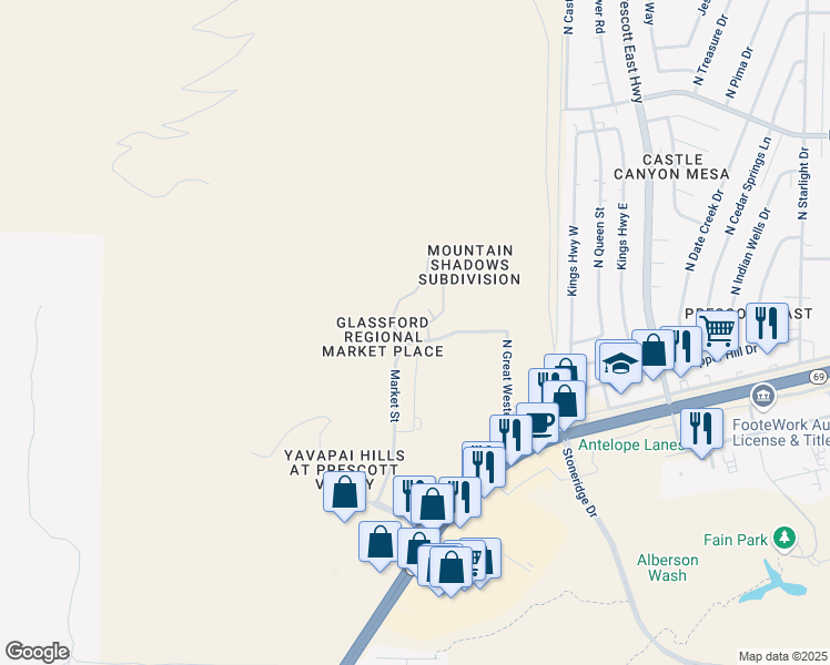 map of restaurants, bars, coffee shops, grocery stores, and more near 5700 East Market Street in Prescott Valley