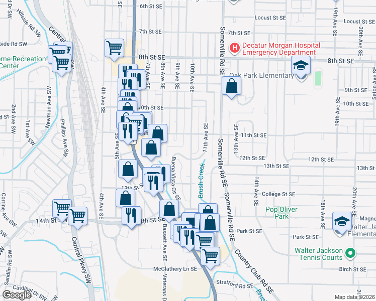 map of restaurants, bars, coffee shops, grocery stores, and more near 1501 Buena Vista Circle Southeast in Decatur