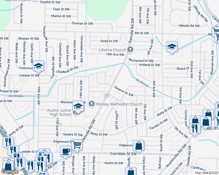 map of restaurants, bars, coffee shops, grocery stores, and more near 1501 Danville Road Southwest in Decatur