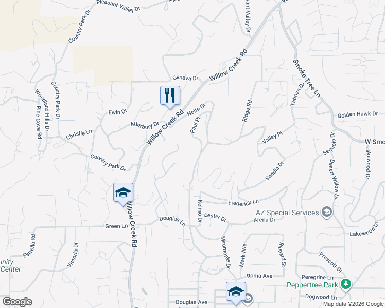 map of restaurants, bars, coffee shops, grocery stores, and more near 2314 Nolte Drive in Prescott