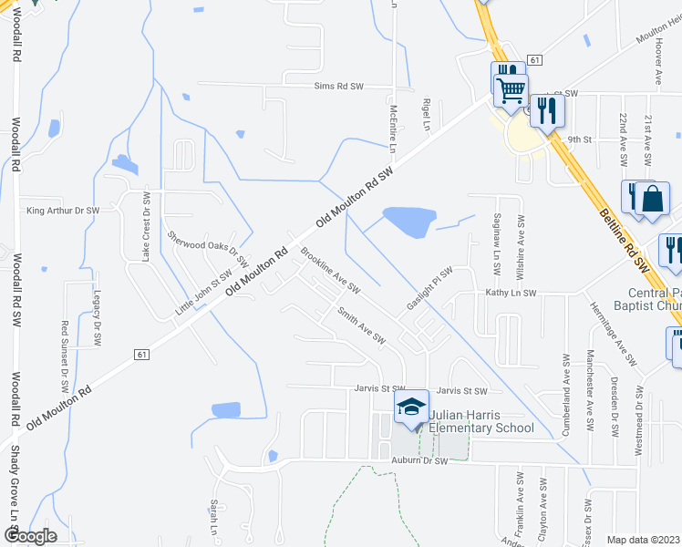 map of restaurants, bars, coffee shops, grocery stores, and more near 1220 Brookline Avenue Southwest in Decatur